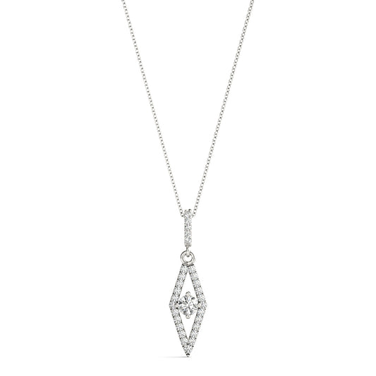 White gold geometric diamond pendant necklace with floating round-cut center stone