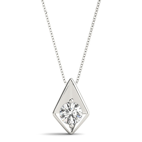 Geometric solitaire pendant with a round-cut lab diamond in white gold, featuring a modern rhombus frame. Comes with a 16-inch chain