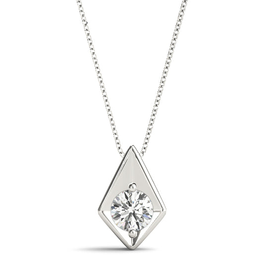 Geometric solitaire pendant with a round-cut lab diamond in white gold, featuring a modern rhombus frame. Comes with a 16-inch chain