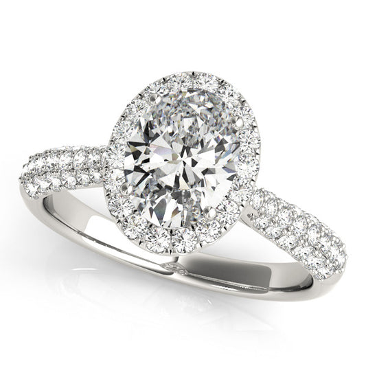 Oval-cut engagement ring with 1CT Oval Cut Lab Diamond, 58-diamond halo and split-shank cathedral band crafted in 14K White Gold