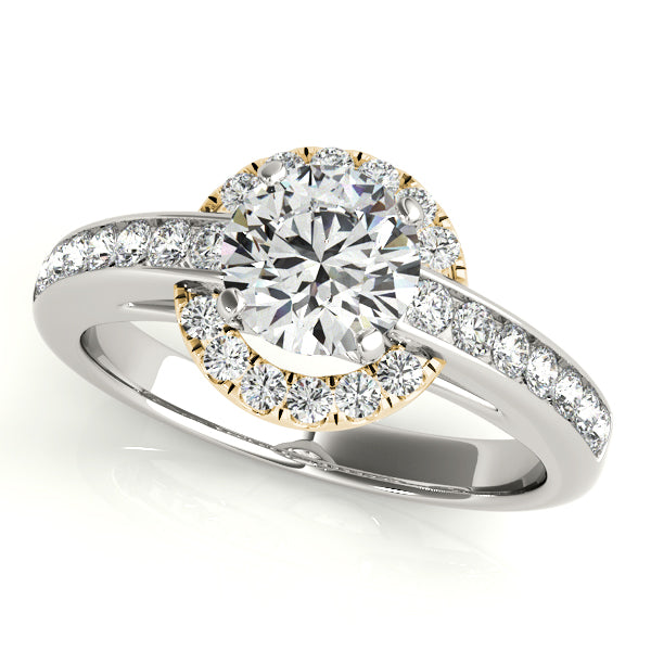 Two-tone cathedral engagement ring with 1CT Round Lab Diamond, yellow gold halo, white gold split band crafted in 14K Two Tone