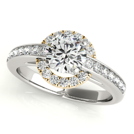 Two-tone cathedral engagement ring with 1CT Round Lab Diamond, yellow gold halo, white gold split band crafted in 14K Two Tone