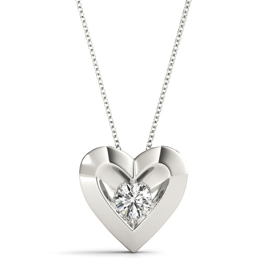 Heart-shaped white gold pendant with 1/4CT lab diamond in floating tension setting, suspended on a 16-inch chain