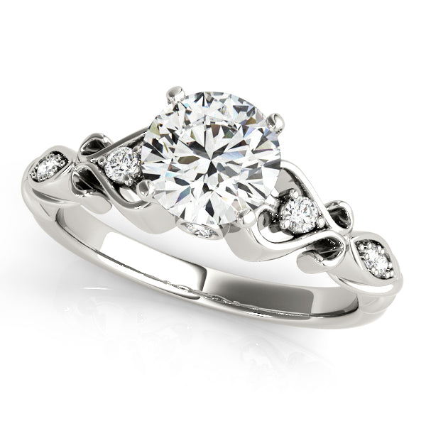 Solitaire engagement ring with 1CT Round Lab Diamond, halo accents, hidden heart scrollwork crafted in 14K White Gold