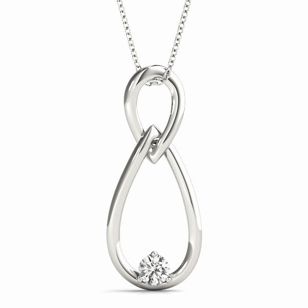 Infinity teardrop diamond pendant in white gold with round-cut lab diamond and 16-inch chain.