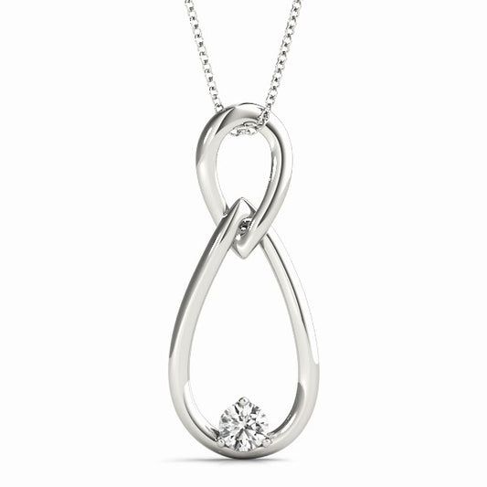 Infinity teardrop diamond pendant in white gold with round-cut lab diamond and 16-inch chain.