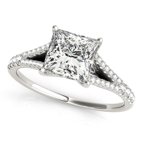 Princess-cut engagement ring with 1CT Princess Cut Lab Diamond, trellis split shank and 36 round diamonds crafted in 14K White Gold