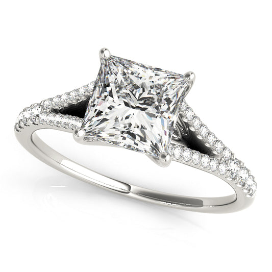 Princess-cut engagement ring with 1CT Princess Cut Lab Diamond, trellis split shank and 36 round diamonds crafted in 14K White Gold