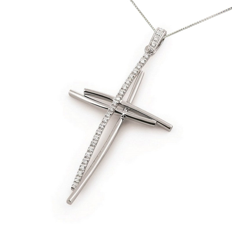 Large 60mm white gold diamond cross necklace with SI1 diamonds, featuring an open layered design, suspended from a 16-inch chain