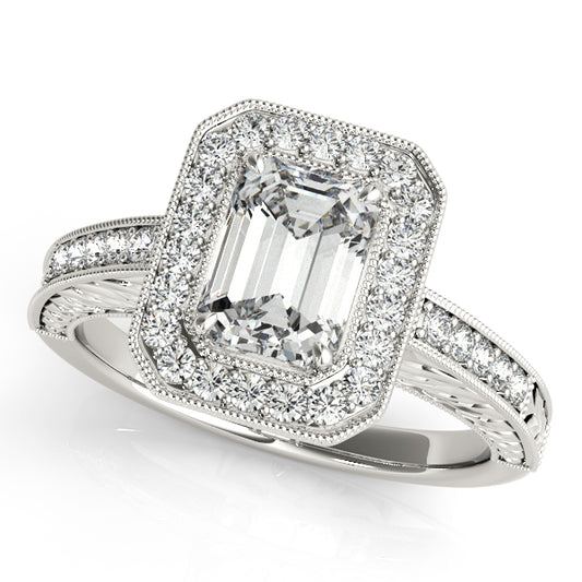 Emerald-cut engagement ring with 1CT Emerald Cut Lab Diamond, 40-diamond halo and tapered pavé band crafted in 14K White Gold