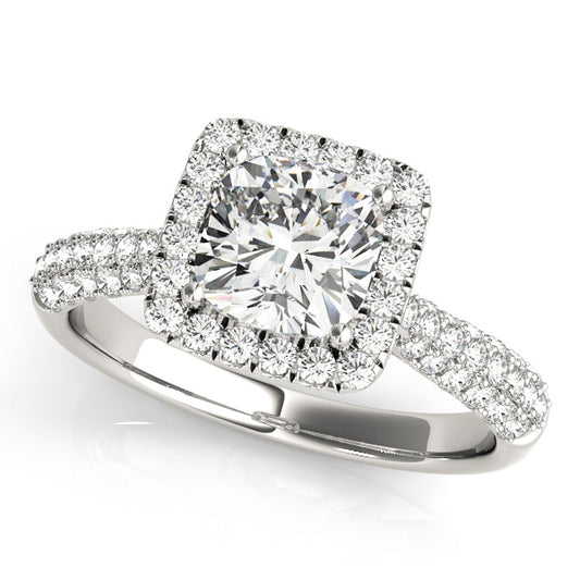 Halo engagement ring with 1CT Cushion Cut Lab Diamond, tapered pavé band and lattice gallery crafted in 14K White Gold