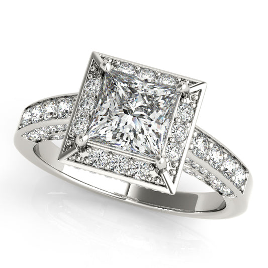 Princess-cut engagement ring featuring 1CT Princess Cut Lab Diamond, double halo and artistic open gallery crafted in 14K White Gold
