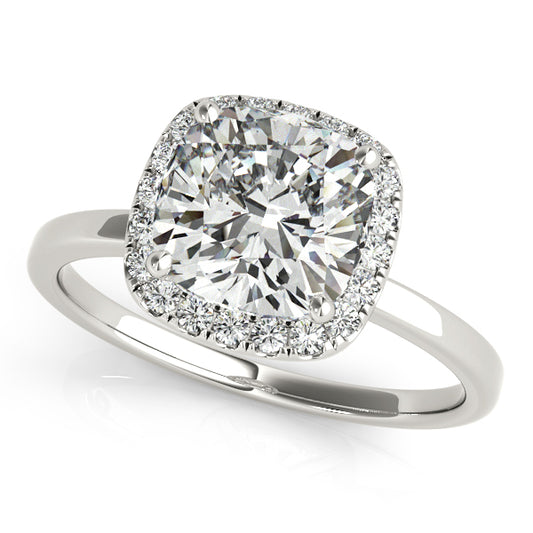 Cushion-cut engagement ring featuring 1CT Cushion Cut Lab Diamond, 16-diamond halo and prong setting crafted in 14K White Gold (VS1/F Color)
