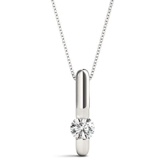 Sleek white gold bar pendant with 1/2CT round lab diamond in solitaire tension setting