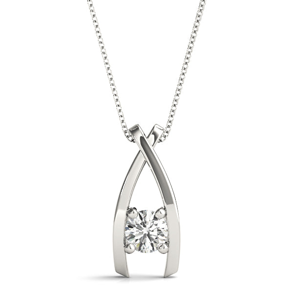 Modern white gold solitaire pendant with a round lab diamond in a crisscross design, set on a delicate 16-inch chain