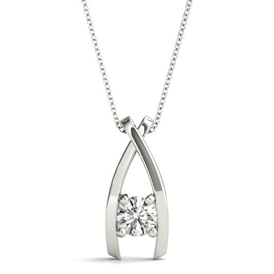Modern white gold solitaire pendant with a round lab diamond in a crisscross design, set on a delicate 16-inch chain