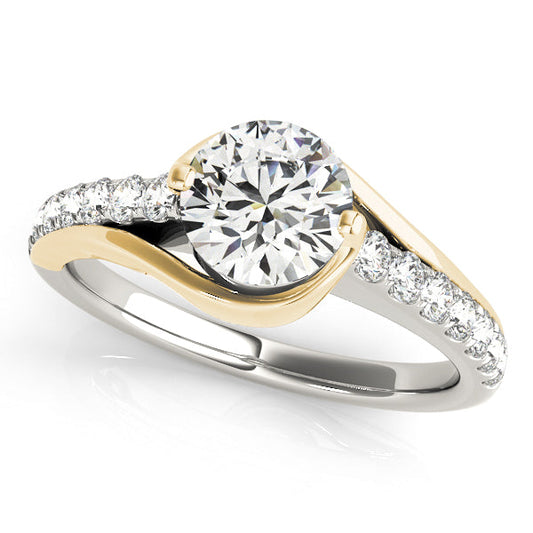 Two-tone engagement ring featuring 1CT Round Lab Diamond, wrap-around bezel crafted in 14K White and Yellow Gold