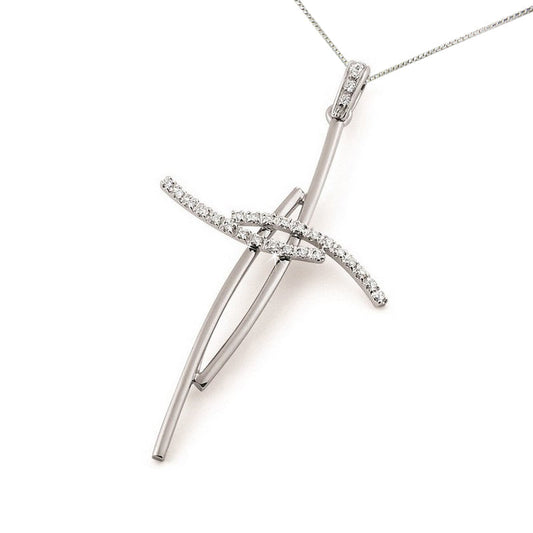 Modern diamond cross pendant in 18K white gold, curved double band design with round diamonds, Encore DT Italian exclusive
