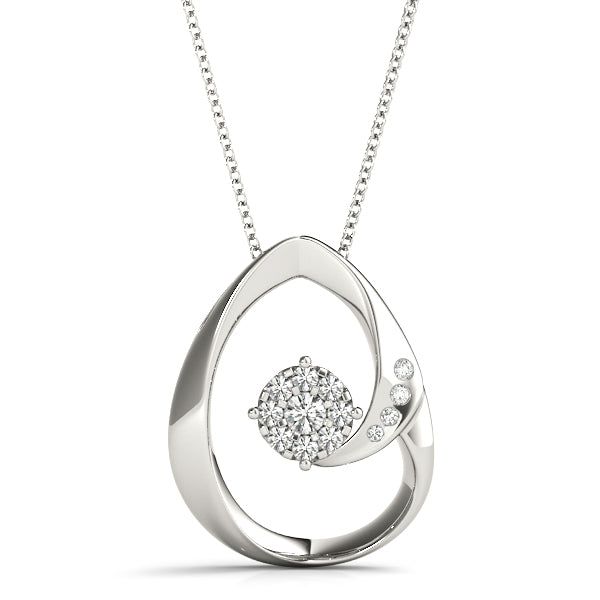 Modern teardrop lab diamond pendant in white gold with cluster setting and side stones