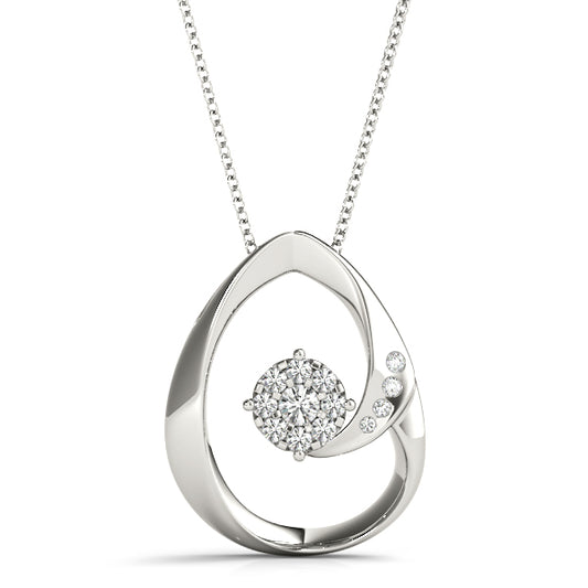 Modern teardrop lab diamond pendant in white gold with cluster setting and side stones