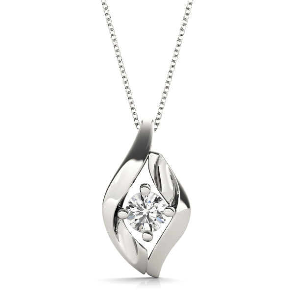 Modern twisted flame solitaire lab diamond pendant in white gold, with 1/3CT round-cut diamond with a sculptural open design