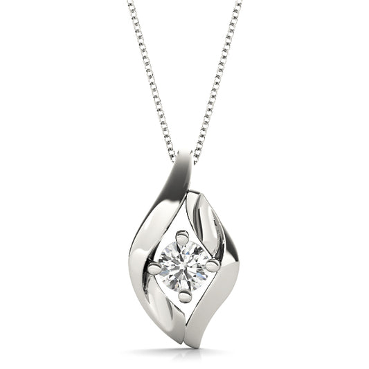 Modern twisted flame solitaire lab diamond pendant in white gold, with 1/3CT round-cut diamond with a sculptural open design