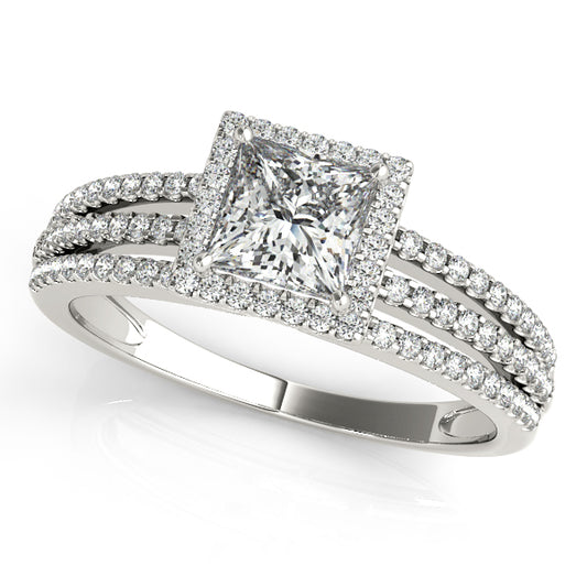 Cathedral-style engagement ring with 1CT Cushion Cut Lab Diamond, pave band and vintage-inspired charm crafted in 14K White Gold