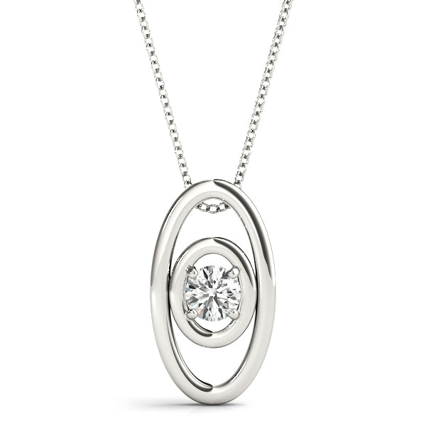 Oval double-loop pendant in white gold with a floating round-cut diamond, modern geometric design, and polished finish, available at Encore DT.
