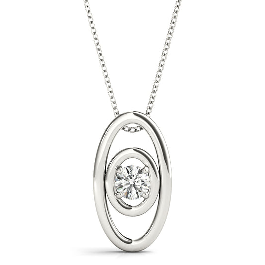 Oval double-loop pendant in white gold with a floating round-cut diamond, modern geometric design, and polished finish, available at Encore DT.