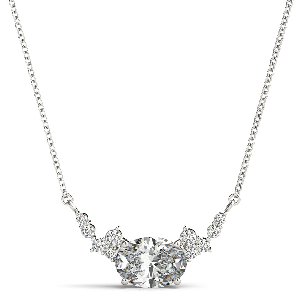 Oval-cut lab diamond necklace with heart-shaped side stones in white gold, featuring a delicate chain and brilliant accents.