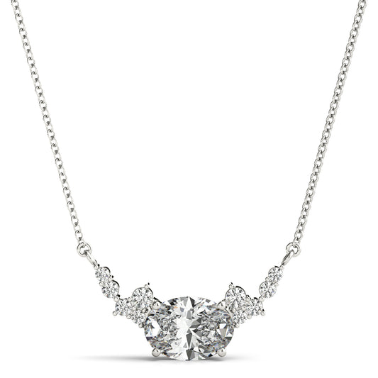 Oval-cut lab diamond necklace with heart-shaped side stones in white gold, featuring a delicate chain and brilliant accents.