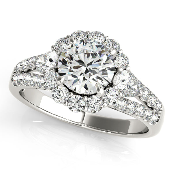 Unique round-cut engagement ring with 1CT Lab Diamond, pear sides, halo and split-shank band in 14K White Gold