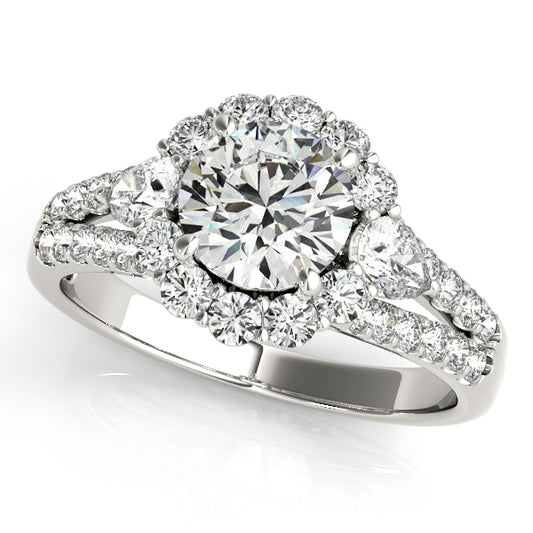 Unique round-cut engagement ring with 1CT Lab Diamond, pear sides, halo and split-shank band in 14K White Gold