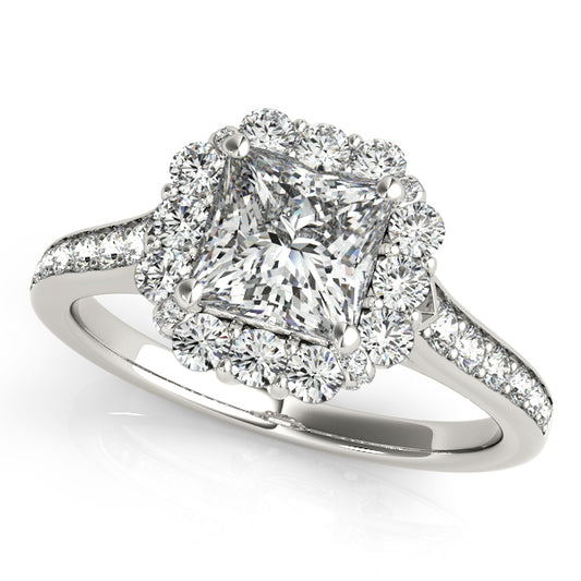 Square halo engagement ring with 1CT Princess Cut Lab Diamond, polished white gold band for sleek timeless elegance