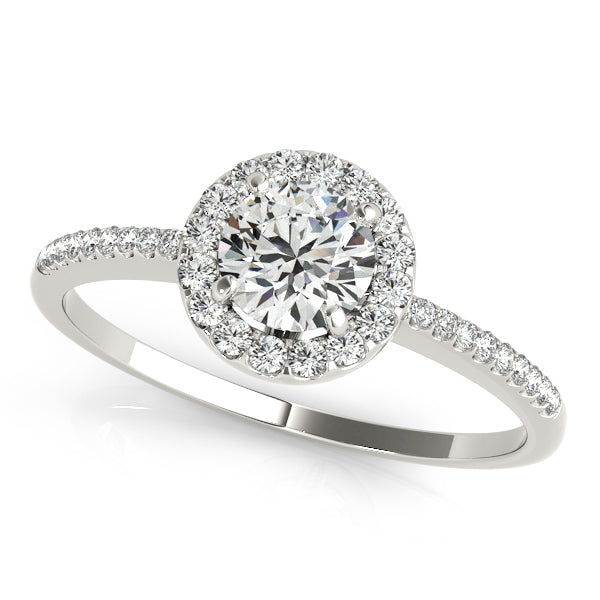 Round-cut engagement ring with 1CT Round Lab Diamond, halo, pavé-set band and scalloped gallery crafted in 14K White Gold