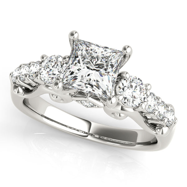Princess-cut engagement ring in 14K White Gold with 1CT Princess Cut Lab Diamond, 10 side diamonds and curved scroll band