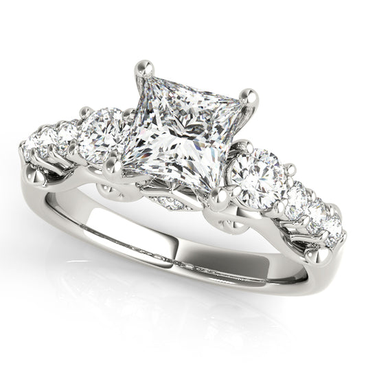 Princess-cut engagement ring in 14K White Gold with 1CT Princess Cut Lab Diamond, 10 side diamonds and curved scroll band