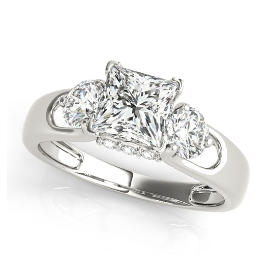 Princess-cut three-stone engagement ring with 1CT Princess Cut Lab Diamond and round side diamonds crafted in 14K White Gold (VS1/F Color)