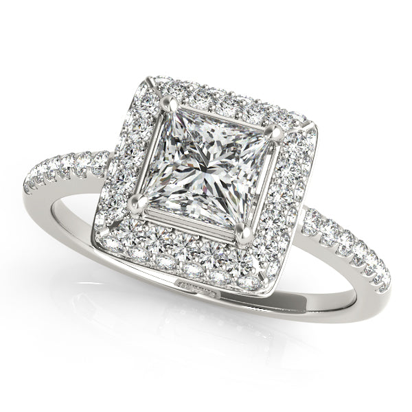 Double halo engagement ring with 1CT Princess Cut Lab Diamond, split-shank band and intricate gallery crafted in 14K White Gold