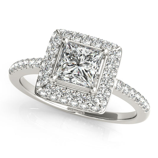 Double halo engagement ring with 1CT Princess Cut Lab Diamond, split-shank band and intricate gallery crafted in 14K White Gold
