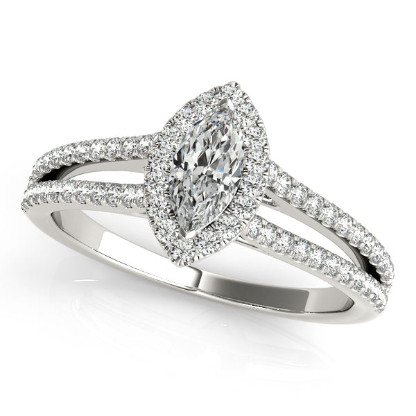 Marquise-cut engagement ring with 1CT Marquise Cut Lab Diamond, split-shank halo band and heart-shaped gallery crafted in 14K White Gold