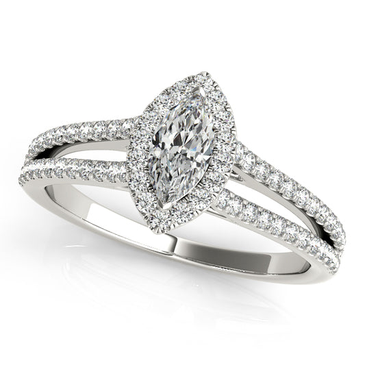 Marquise-cut engagement ring with 1CT Marquise Cut Lab Diamond, split-shank halo band and heart-shaped gallery crafted in 14K White Gold