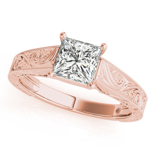 Princess-cut halo engagement ring in 14K Rose Gold with 1CT lab diamond and vintage detailing