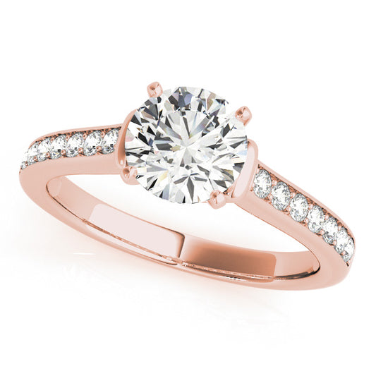 Round halo engagement ring in 14K Rose Gold with 1CT lab diamond, 16 side stones, and hidden gallery