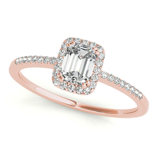 Emerald-cut halo engagement ring in 14K Rose Gold with 1CT lab diamond and scalloped pavé gallery