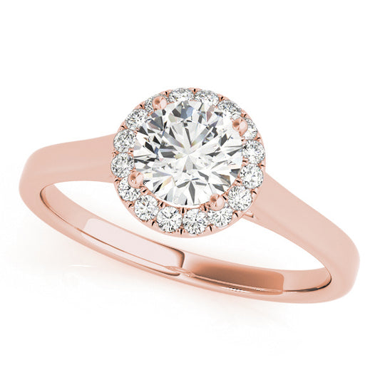 Round halo engagement ring in 14K Rose Gold with 1CT lab diamond, tapered band, and open gallery, VS1/F color