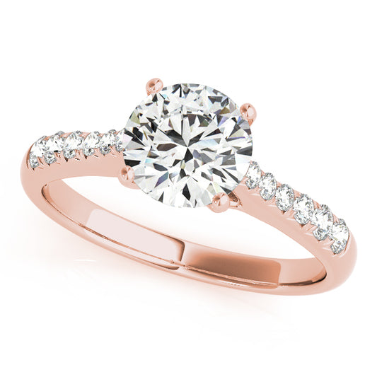 Cathedral halo engagement ring in 14K Rose Gold with 1CT round lab diamond, 12 side diamonds, VS1/F color