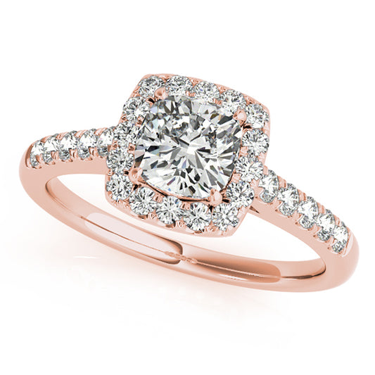 Split-shank halo engagement ring in 14K Rose Gold with 1CT princess-cut lab diamond and 62 side stones