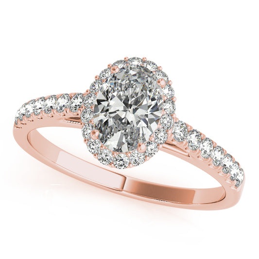 Oval engagement ring in 14K Rose Gold with 1CT lab diamond, pavé halo, and tapered band design