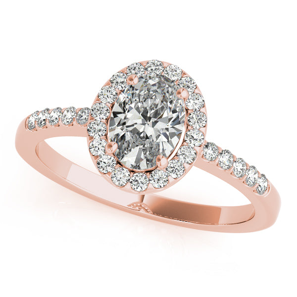Oval halo engagement ring in 14K Rose Gold with 1CT lab diamond, 28 pavé diamonds, and filigree gallery